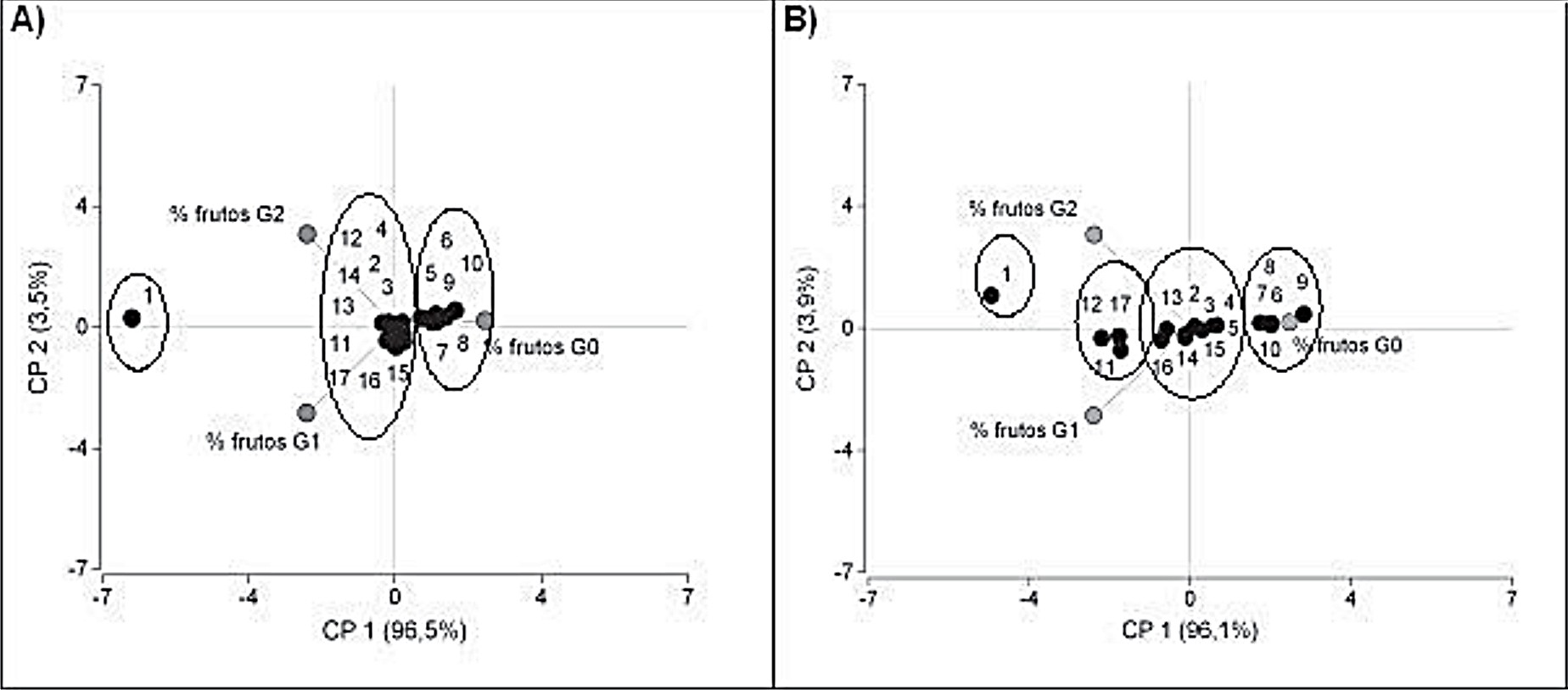 Gráficos biplots. Análisis de componentes principales (ACP) % frutos G0, G1 y G2), para ensayos de mandarino Clemenules (A) y mandarino Okitsu (B).